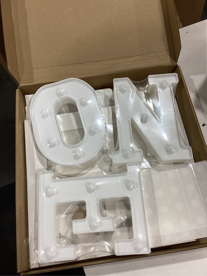 Condition photo showing New/Like New for one balloon boxes with o, n, e light up letters three white transparent square boxes for first birthday party decorarions one year old backdrop photo shoot prop