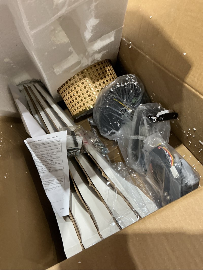 Condition photo showing Good Condition for wingbo 54 inch flush mount ceiling fan, modern ceiling fan with lights,3cct&dimmable led,5 wood blades, quiet 6-speed dc motor low profile ceiling fan with remote, etl listed, gold+white