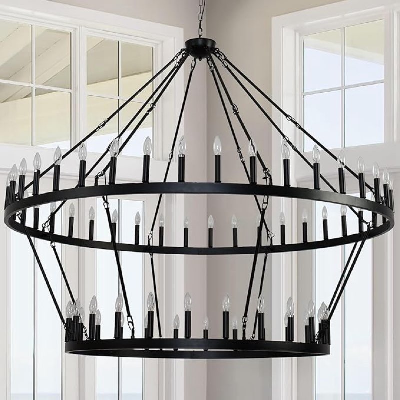 TESTOYS 2 Tier Black Wagon Wheel Chandelier, 40-Light 46-Inch Large Farmhouse Chandeliers Industrial