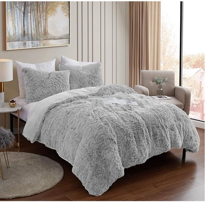 Plush Shaggy Comforter Set Ultra Soft Luxurious Faux Fur Decorative Fluffy Crystal Velvet Bedding with 2 Shams, Queen, Silver
