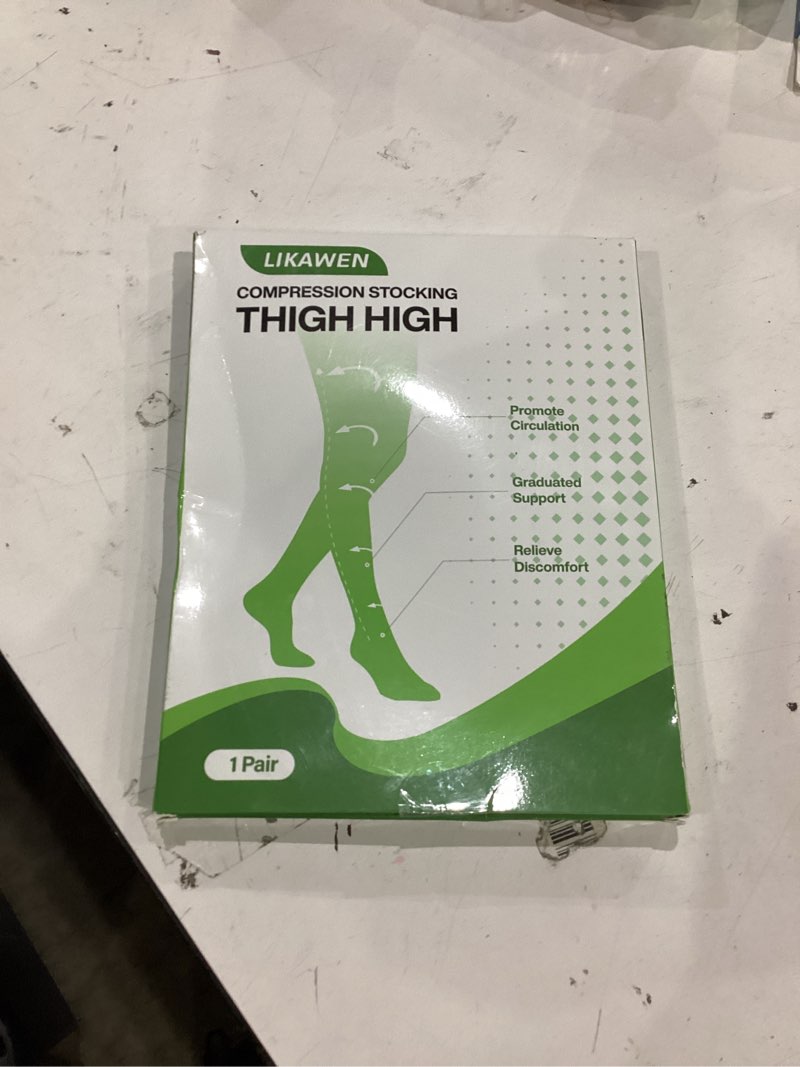 Condition photo showing New/Like New for thigh high compression stockings for women and men, 20-30 mmhg medical compression socks, closed toe, dot top, graduated support hoses for leg fatigue, varicose veins, swelling