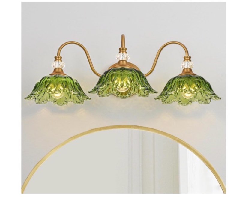 sunkryster Vintage Bathroom Vanity Light, 3-Light Matte Brass Finish Vanity Light with Floral Green 