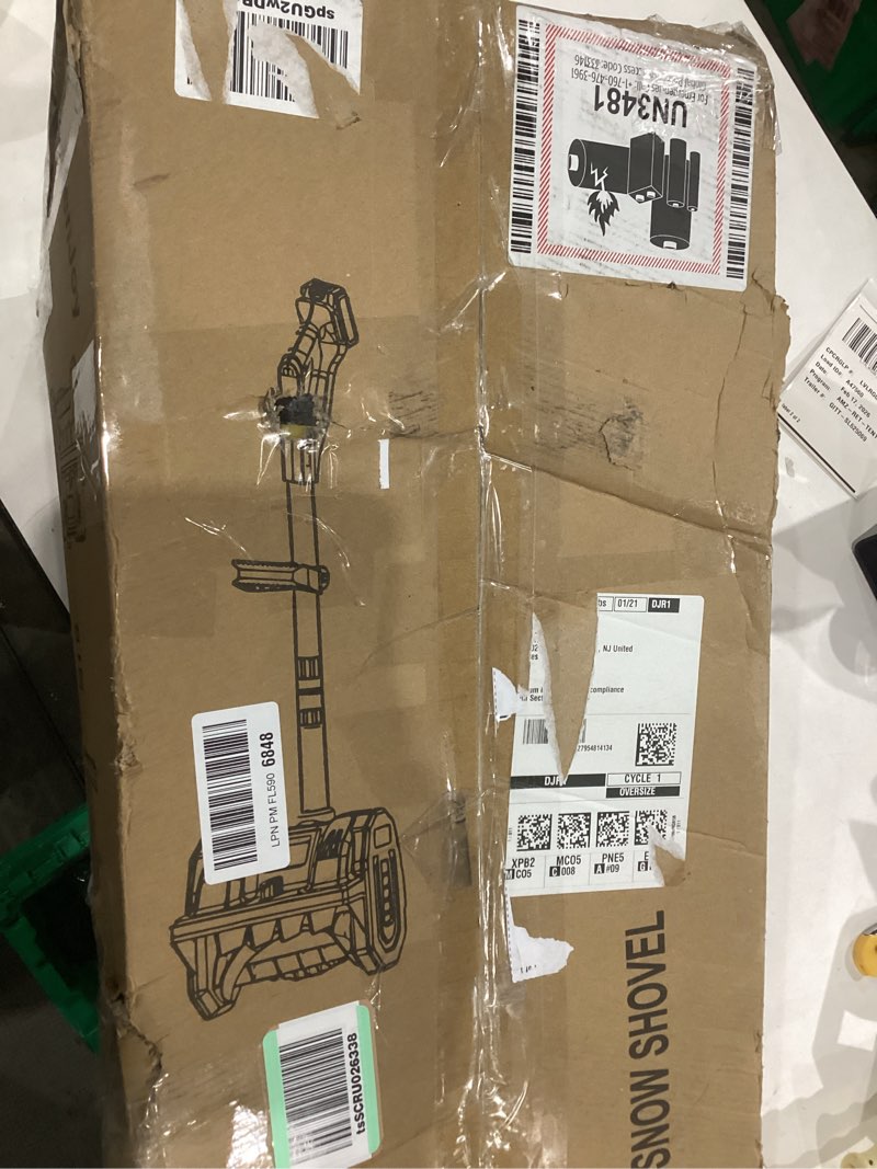 Condition photo showing As Is for Cordless Snow Shovel, 21V Cordless Electric Snow Blower with Battery and Charger, 19FT Throw Distance, Lightweight 9.9lb for Driveway, Sidewalk, Steps, Patio(Yellow)