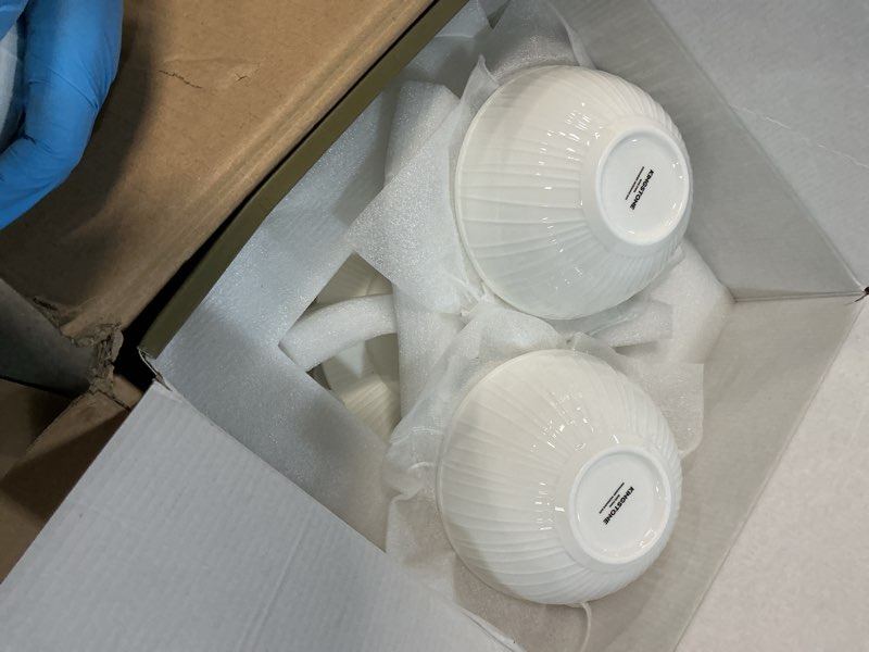 Condition photo showing Good Condition for (incomplete )kingstone bone china dinnerware set, 24-piece white lightweight porcelain with textured design service for 8, plates, bowls, for family dining, restaurants, gifting?microwave and dishwasher safe