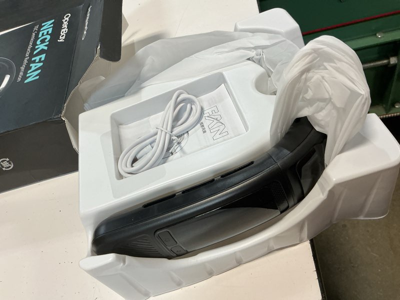 Condition photo showing Good Condition for neck air conditioner, portable neck fan with large cooling area, 22h max cooling, 100 speeds, 6000mah battery, digital display, wearable fan for outdoor work, office & travel black