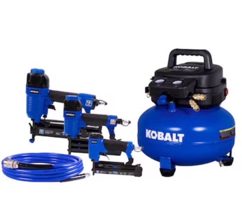kobalt 6-gallon portable electric 150 psi pancake air compressor with accessories included