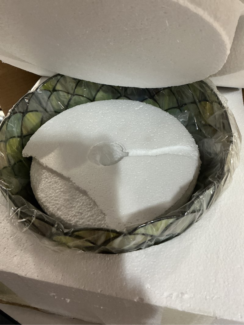 Condition photo showing Good Condition for Tiffany Lamp Fish Scales Style Stained Glass Table Lamp Desk Bedside Reading Light 12X12X19 Inches with Metal Leaf Base Decor Bedroom Living Room
