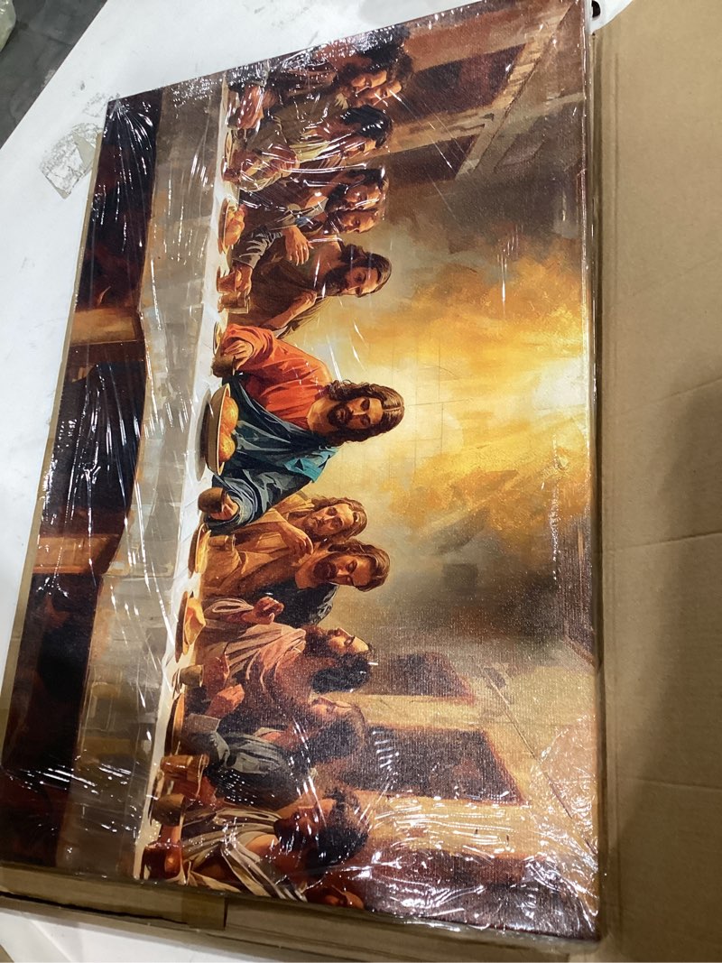 Condition photo showing Good Condition for sixwood the last supper da vinci inspired jesus and apostles canvas wall art painting, faith christian picture wall decor for living room dining room, 24x16in framed ready to hang vintage art print the last supper gallery wrapped canvas(ready to hang) 24"l x 16"w