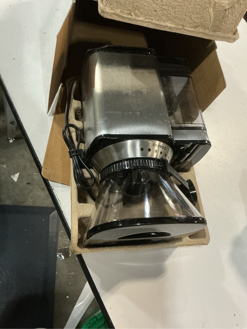 Condition photo showing As Is for cuisinart coffee grinder, electric one-touch automatic burr coffee grinder with 18-position grind selector, cup size selector for 4 – 18 cups, dbm-8p1, black stainless burr mill stainless steel