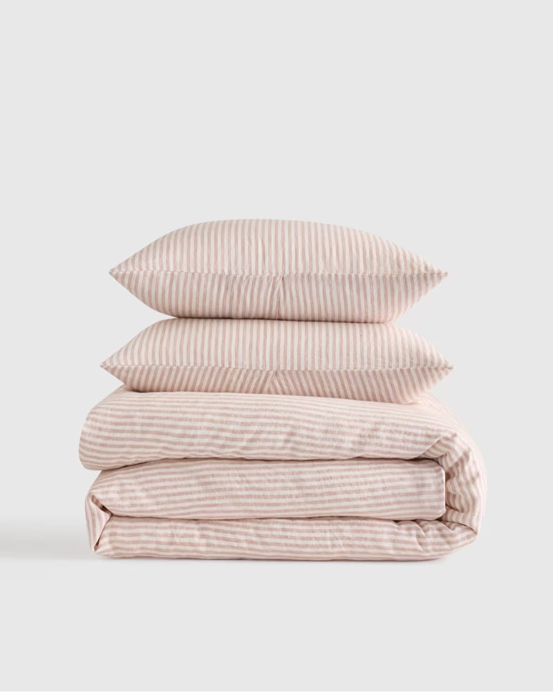 quince european linen stripe duvet cover set king/cal king color dusty mauve/white stripe 