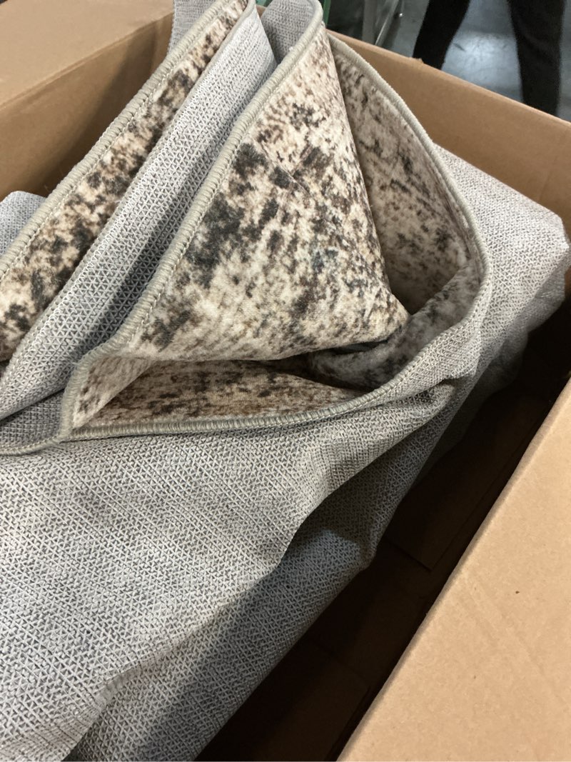 Condition photo showing As Is for farmhouse brown rugs for living room 8x10 - taupe rustic minimalist area rug for dining room, large bedroom, washable foldable dark academy décor
