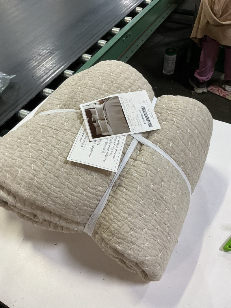 Condition photo showing Good Condition for levtex home cross stitch reversible king/cal king quilt set (106x92in) and 2 pillow shams (36x20in) - stitch texture - taupe - cotton king size quilt bedding set - lightweight soft pre-washed quilt - king taupe
