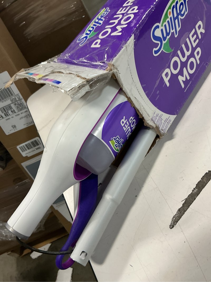 Condition photo showing As Is for Swiffer PowerMop Multi-Surface Mop Kit for Floor Cleaning, Includes PowerMop, 2 Mopping Pad Refills, 1 Cleaning Solution with Fresh Scent and 2 Batteries Purple and White