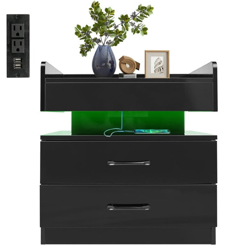 Black Nightstand with Charging Station LED Lights, Modern Small Bedside Table With Drawers, High Gloss End Table With USB Ports/Power Outlet for Bedroom Living Room