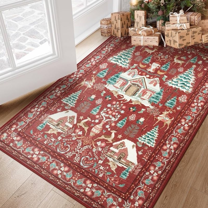 LIVEBOX Christmas Rug Washable 5x7 Area Rugs, Red Rug for Living Room, Xmas Chrisrmas Tree Rugs for Bedroom, Scalloped Non Slip Boho Carpet for Dining Room, Indoor Door Mat Office Holiday Decor