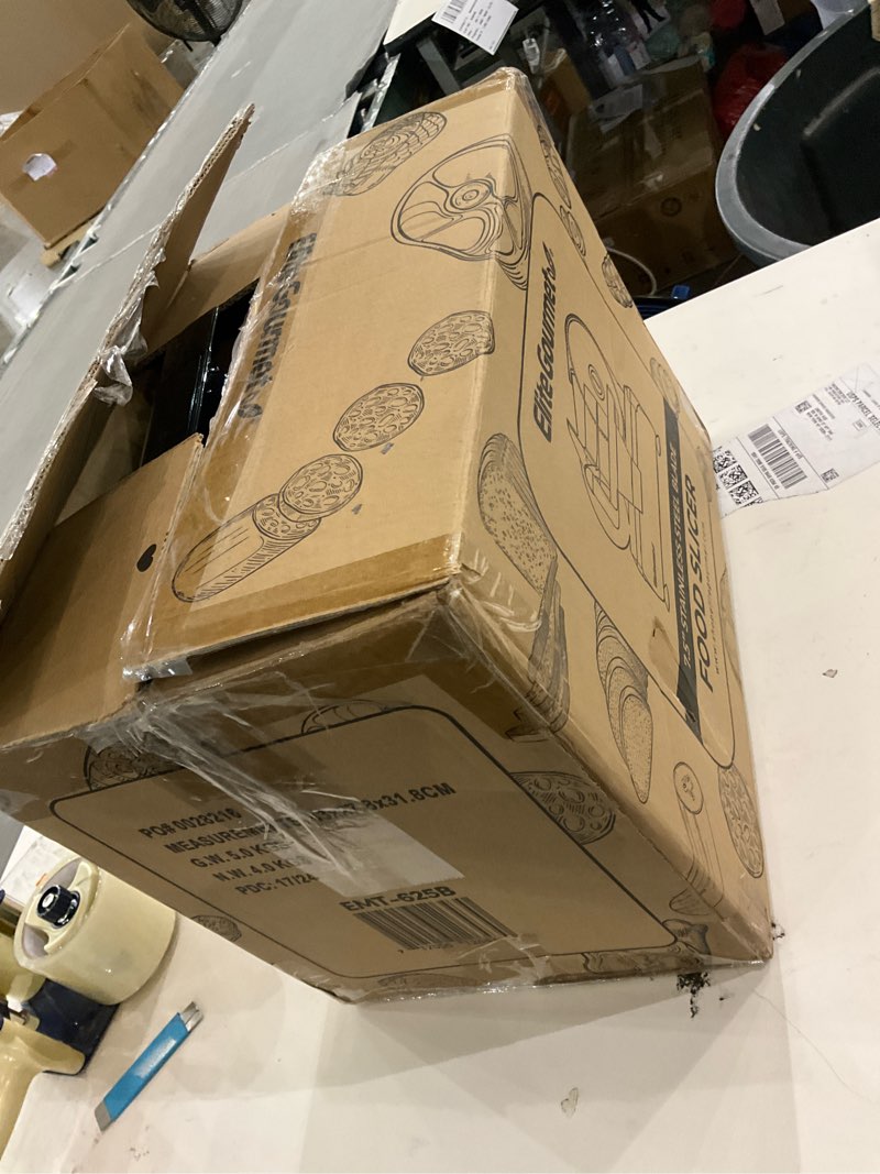 Condition photo showing As Is for Elite Gourmet EMT-625B Ultimate Precision Electric Deli Food Meat Slicer Removable Stainless Steel Blade, Adjustable Thickness, Ideal for Cold Cuts, Hard Cheese, Vegetables & Bread, 7.5”, Black Stainless Steel & Black