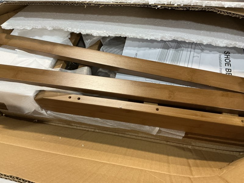 Condition photo showing New/Like New for petkaboo shoe rack bench with cushion, shoe rack for front door entrance, shoe bench with storage for entryway hallway bedroom living room brown 28 in