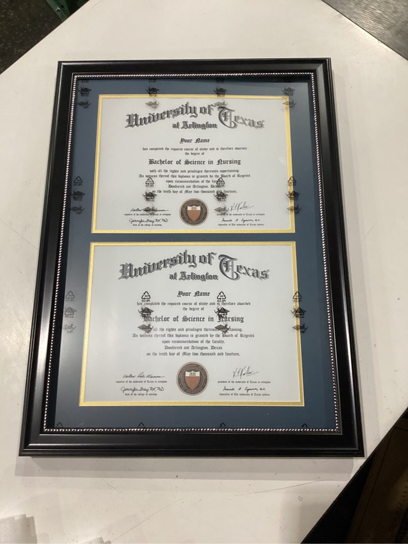 Condition photo showing New/Like New for graduationmall 14x20 double diploma frame, display 8.5x11 certificate with navy over gold mat,tempered glass,black with silver beads black with silver beading / navy gold mat double 8.5x11