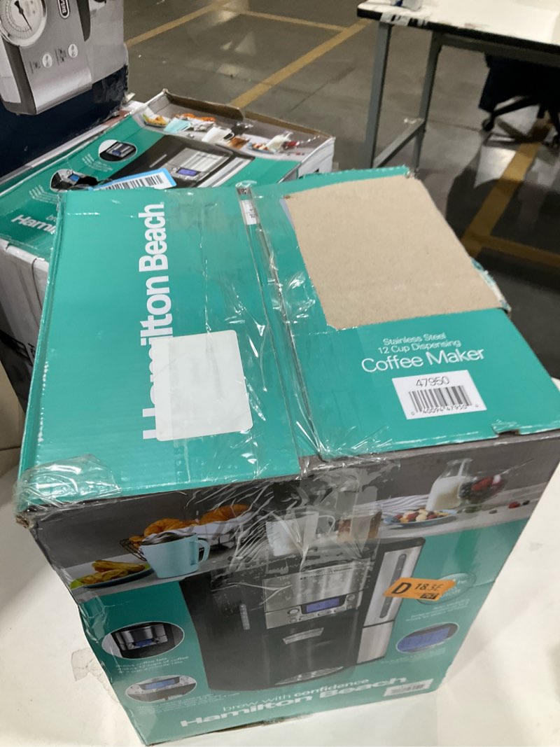 Condition photo showing As Is for Hamilton Beach One Press Programmable Dispensing 12 Cup Coffee Maker with Internal Coffee Pot, Stays Warm and Fresh for Hours, 60 oz. Removable Reservoir, Black & Stainless Steel (47950) Black and Silver