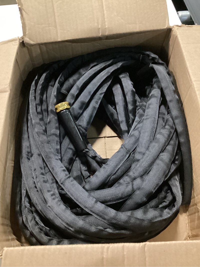 Condition photo showing As Is for 100ft non-expandable garden hose, lightweight flat water hose with 10-function spray nozzle, 3/4" metal fittings, kink-resistant & easy to store for garden, yard, car wash (black)