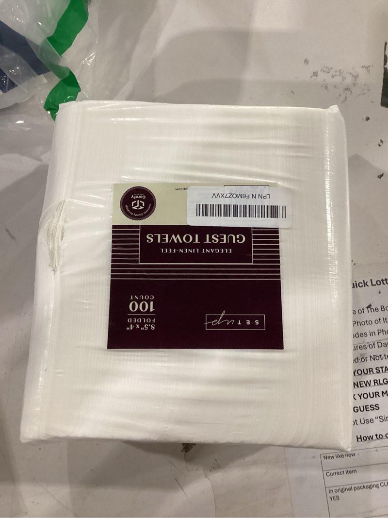 Condition photo showing As Is for setup [100 count] linen-feel guest towels - disposable cloth dinner napkins, bathroom paper hand towels, wedding napkins - (formerly comfy package)