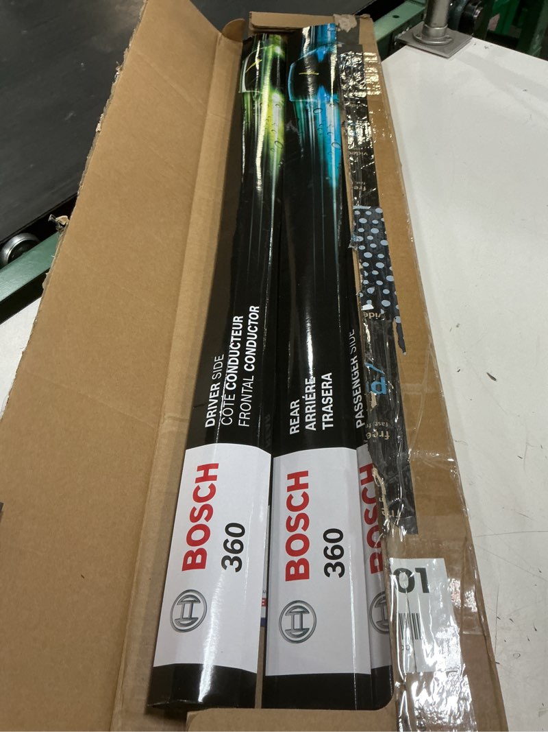 Condition photo showing Good Condition for bosch b36017 360 complete vehicle wiper blade replacement - includes front beam blades (pair) + rear wiper blade (1) - 26"/17"/14" front (26" & 17") + rear (14") 360 combo pack (front + rear)
