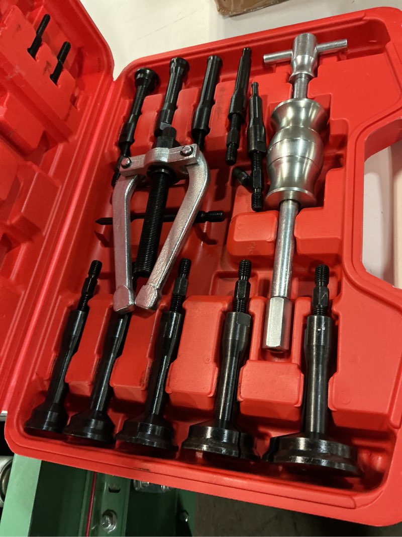Condition photo showing Good Condition for orion motor tech blind hole collet bearing race and seal puller extractor kit, slide hammer pilot insert inner internal bearing removal tool set, 16pcs red
