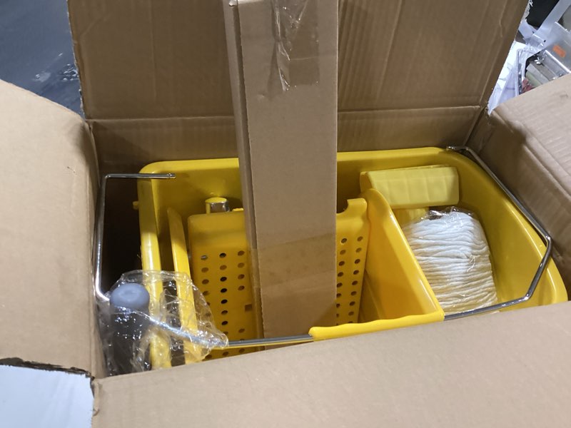 Condition photo showing Good Condition for mop bucket with wringer, 22 qt (5.5 gallon), handle, wheels,floor cleaning, 16.5" l x 10.6" w x 26.4" h, yellow,add one cotton mop