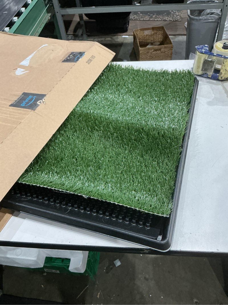 Condition photo showing As Is for artificial grass puppy pee pad for dogs and small pets - 20x25 inch, reusable 3-layer turf pads for dogs with tray - indoor and outdoor fake grass potty pet supplies by petmaker medium 3-layer system