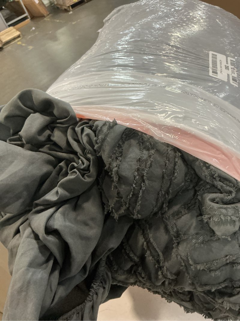 Condition photo showing As Is for zzlpp king comforter set 7 pieces, dark grey tufted bed in a bag with comforter and sheets, all season boho bedding sets with comforter, 2 pillow shams, 2 pillowcases, 1 flat sheet, 1 fitted sheet dark grey king