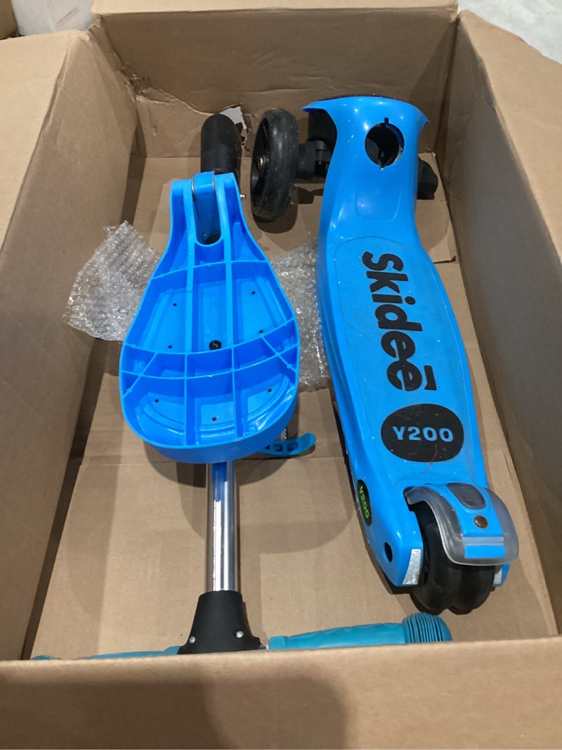 Condition photo showing As Is for skidee kick scooter for kids ages 3-5 | foldable 3 wheel scooter with lean-to-steer, adjustable height, removable seat & led light wheels | toddler scooter up to 12 year old boys/girls