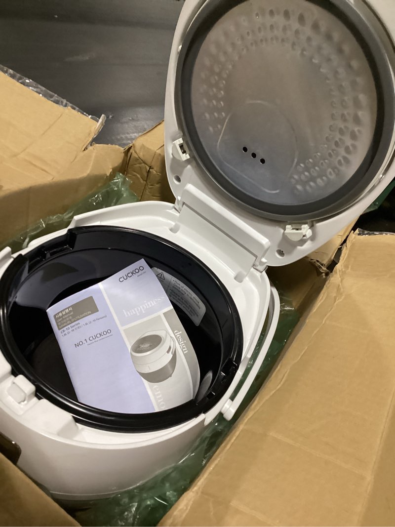 Condition photo showing New/Like New for CUCKOO Micom Rice Cooker 10-Cup Uncooked / 20-Cup Cooked with Nonstick Inner Pot, Large Rice Maker with 16 Menu Options, Fuzzy Logic Technology, Auto Clean Mode, LCD Display, White (CR-1020F) 10 Cup