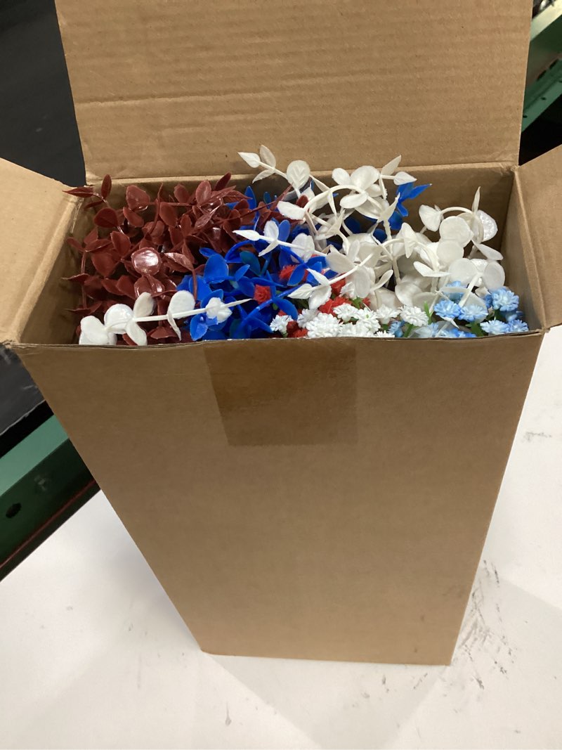 Condition photo showing Good Condition for sosation 100 4th of july artificial flowers 250th anniversary table decorations red white blue patriotic roses eucalyptus stems artificial flowers arrangement faux eucalyptus leaves for memorial day