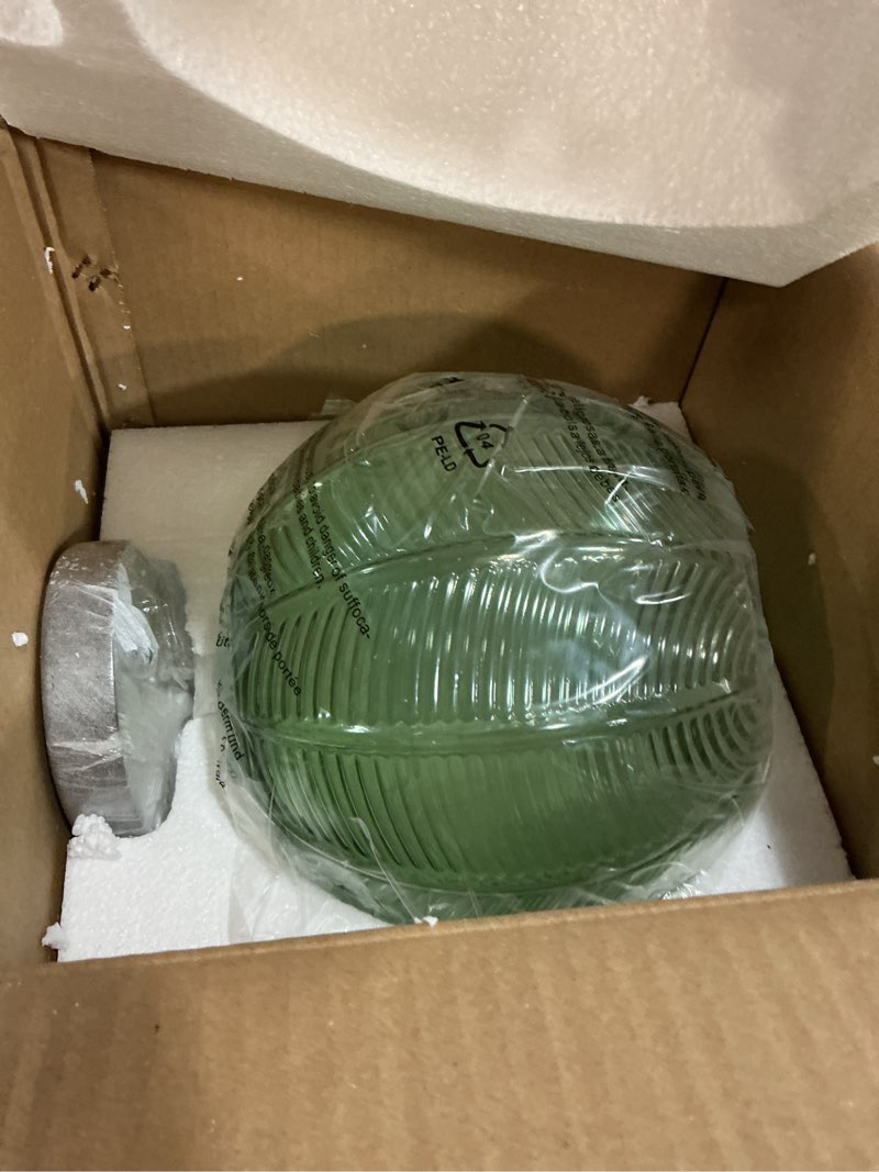 Condition photo showing Good Condition for 9.8'' Green Glass Pendant Lighting, Single Large Globe Chandelier with Ribbed Glass Lampshade, Nordic Ceiling Hanging Ball Light Fixture for Kitchen Island, Dining Living Room, Bedroom Green 1-Light