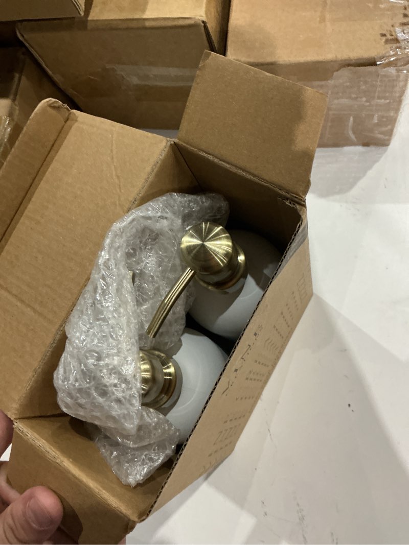 Condition photo showing New/Like New for vine creations white glass soap dispenser set, dish soap and hand soap dispenser set with stainless steel pump, 16 oz glass dispensers for kitchen or bathroom decor (matte white bottle/brushed brass) white bottle / brushed brass pump