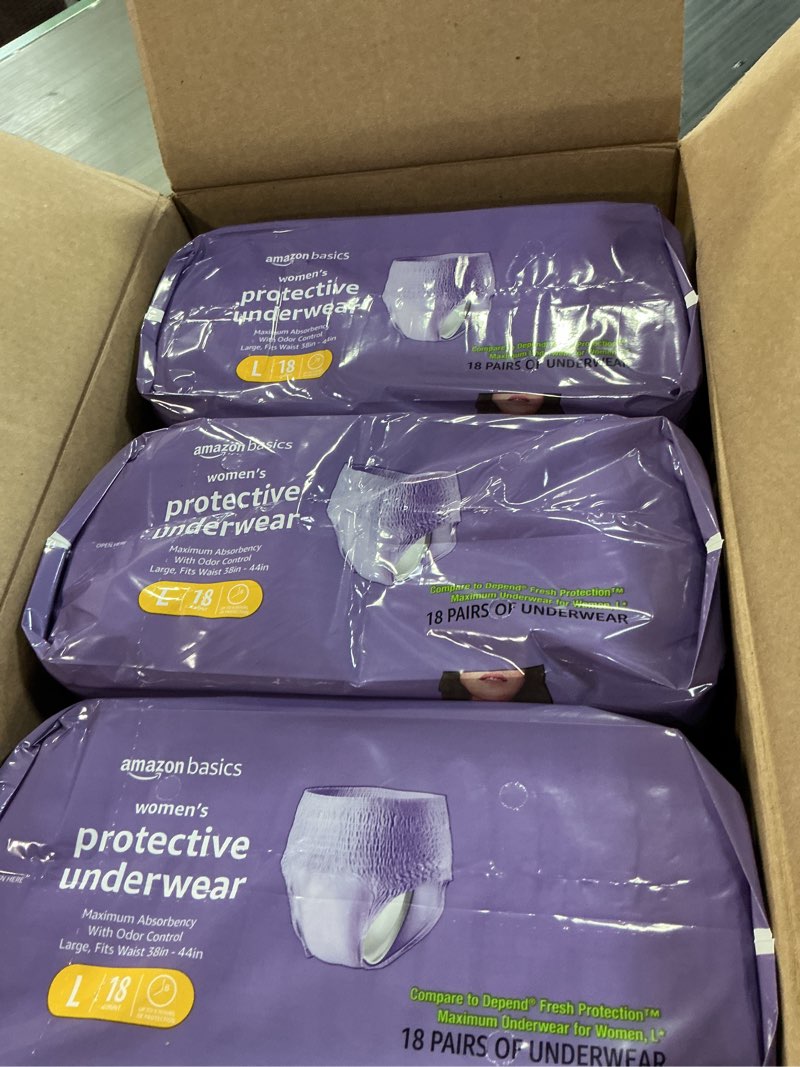 Condition photo showing New/Like New for amazon basics incontinence underwear for women, protective, disposable, postpartum, maximum absorbency, large, lavender, 54 count (3 packs of 18) large 54.0