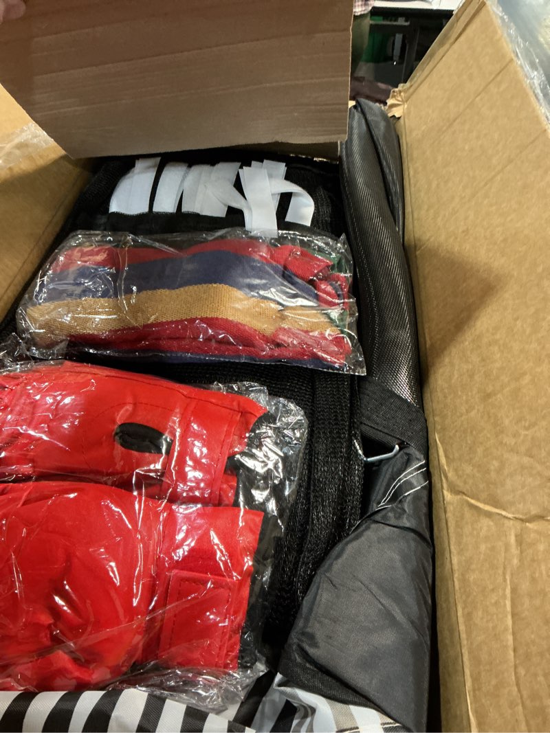 Condition photo showing New/Like New for 55" trampoline for kids with enclosure, 440lbs capacity indoor & outdoor toddler trampoline with adjustable gymnastics bar & toys, for boys & girls zebra