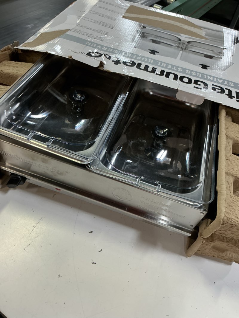 Condition photo showing Good Condition for elite gourmet ewm-6122 dual 2 x 2.5 qt. trays, buffet server, food warmer temperature control, clear slotted lids, perfect for parties, entertaining & holidays, 5 qt total, stainless steel 5 quart / 2 trays