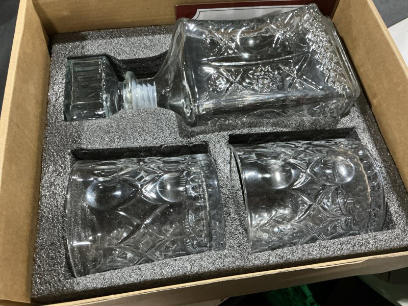 Condition photo showing Good Condition for whiskey decanter for men, glass liquor decanter set with 2 whiskey glasses, decanter for tequila,bourbon, scotch, brandy and vodka, gift for men, ideal home bar decor - 28oz