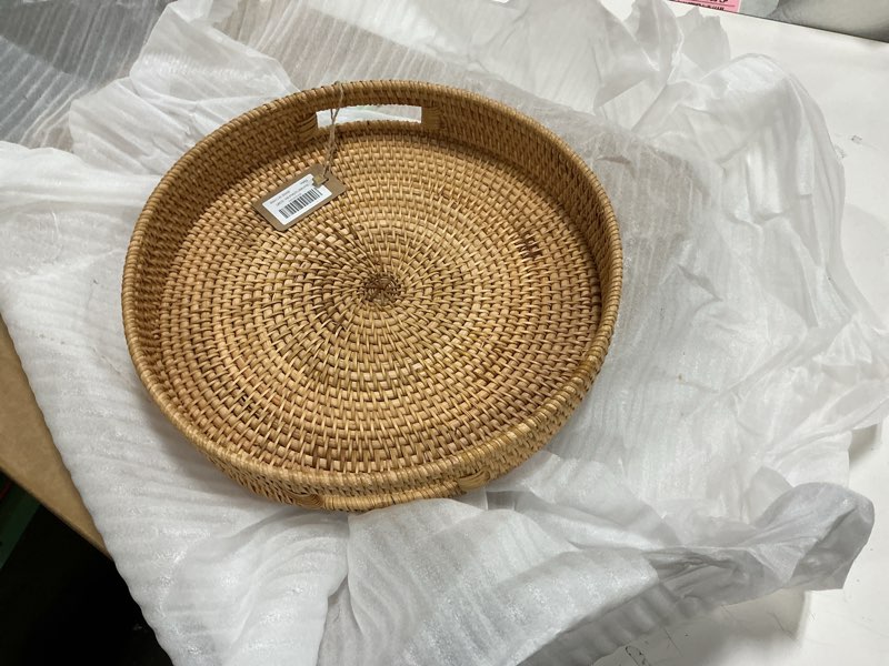 Condition photo showing Good Condition for Gurfuy Extra Large Round Ottoman Table Tray with Handles - 19.7" Handmade Wicker Serving Hand Woven Tray for Farmhouse Decorative Oversized Coffee Table Trays Living Room Kitchen Counter Breakfast