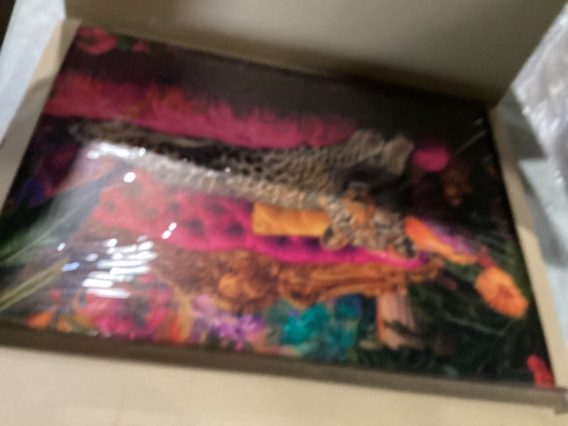 Condition photo showing New/Like New for cheetah lying on pink sofa canvas wall art eclectic leopard wall decor pictures maximalist animal portrait poster prints for living room home bedroom home decoration 16x24in ready to hang pink leopard 24"l x 16"w