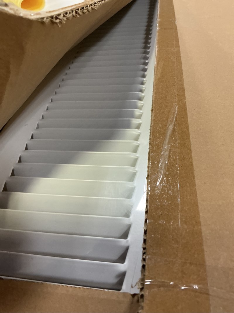 Condition photo showing Good Condition for HVAC Premium 8'' x 32'' [Duct Opening] Flat Stamped Steel Return Air Grille - Sidewall and Ceiling - HVAC Vent Duct Cover - White [Outer Dimensions: 9.75''w X 33.75''h] 8 X 32