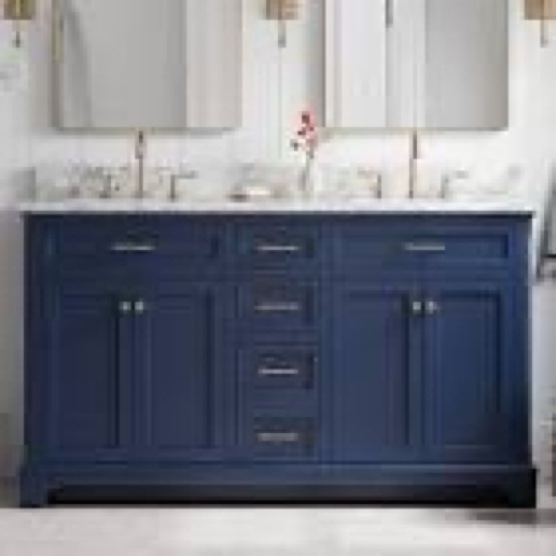 allen + roth roveland 60-in royal navy blue undermount double sink bathroom vanity with carrara natural marble top