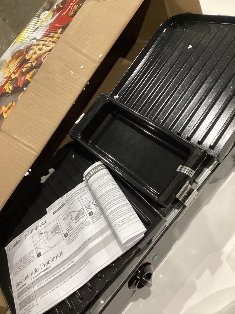 Condition photo showing Good Condition for hamilton beach 3-in-1 electric indoor grill + griddle, 8-serving, reversible nonstick plates, 2 cooking zones with adjustable temperature (38546), black