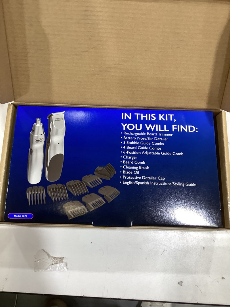 Condition photo showing New/Like New for Wahl Groomsman Rechargeable Beard Trimmer kit for Mustaches, Nose Hair, and Light Detailing and Grooming with Bonus Wet/Dry Battery Nose Trimmer – Model 5622v