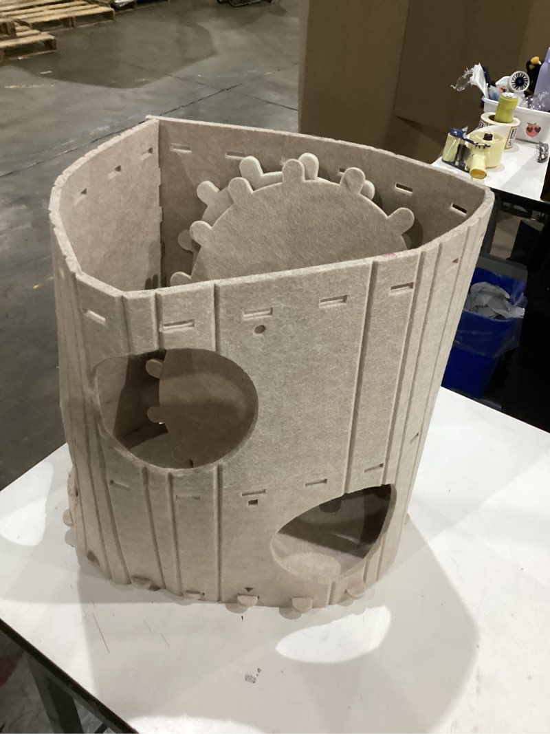 Condition photo showing As Is for downypaws cat house for indoor cats, cat bed cave for multiple & large cats up to 22 lbs, scratch resistant, foldable peekaboo kitten caves tunnel enclosed bed, peekapurr, cream single cream