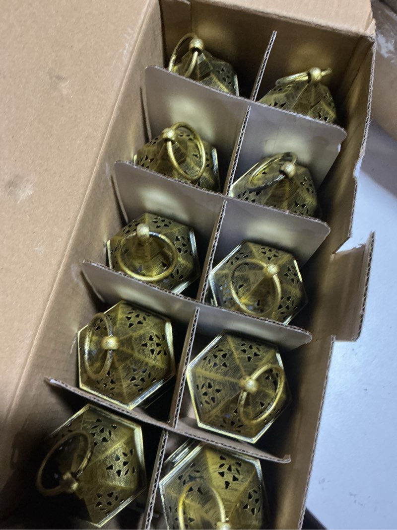 Condition photo showing Good Condition for mini lantern with flickering led candles set of 10, hewory gold vintage decorative hanging candle lanterns for halloween, christmas, wedding decorations, party, table centerpiece, battery included 10pcs gold
