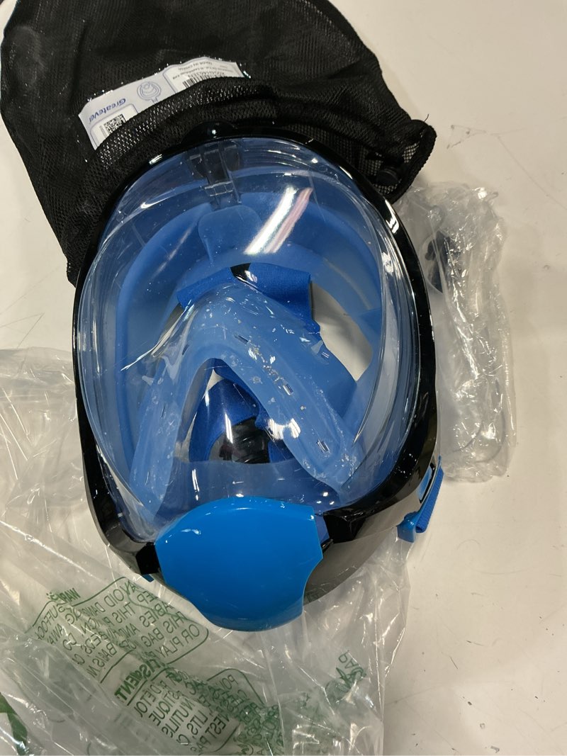 Condition photo showing As Is for greatever g2 full face snorkel mask with latest dry top system,foldable 180 degree panoramic view snorkeling mask with camera mount,safe breathing,anti-leak&anti-fog blue small-medium