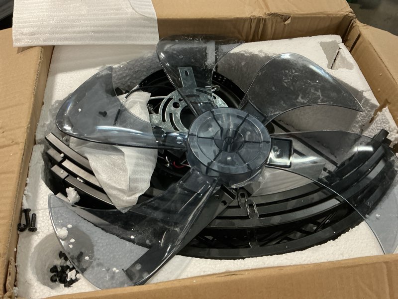 Condition photo showing As Is for lediary 23" caged ceiling fan with light, large flush mount, app&remote control, low profile bladeless fan light fixture 6 speed, reversible and quiet motor-black black 23 inch