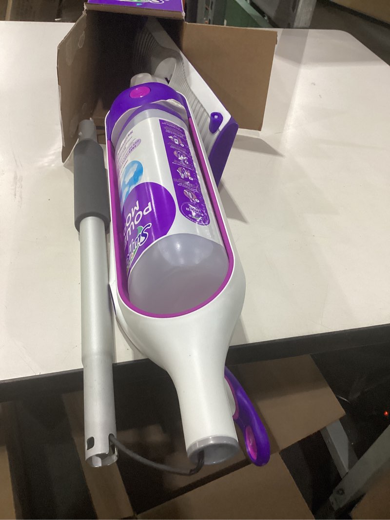 Condition photo showing As Is for NO PAD REFILLS Swiffer PowerMop Multi-Surface Mop Kit for Floor Cleaning, Includes PowerMop, 2 Mopping Pad Refills, 1 Cleaning Solution with Fresh Scent and 2 Batteries Purple and White